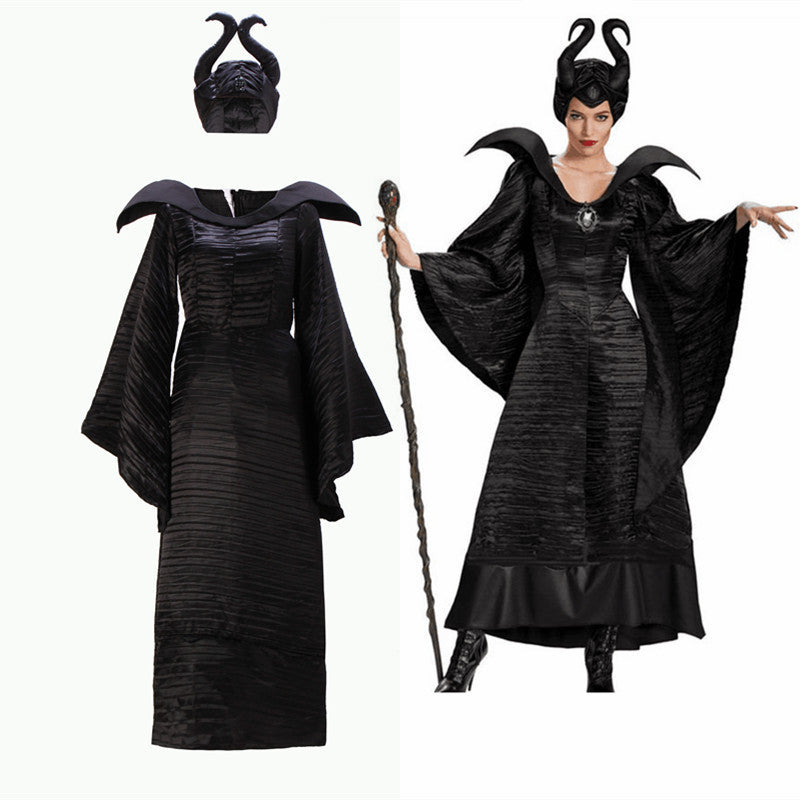 🧙♀️ ハロウィン マレフィセント コスチューム — 黒いドレスと角付きヘッドドレス